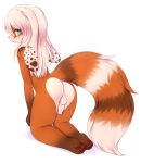 1girl anthro anus ass backsack blue_eyes blush brown_fur crunchobar cub ear_piercing erection fur furry girly hair highres hybrid kneel lagomorph long_hair looking_at_viewer looking_back male mammal multicolored_fur nude open_mouth orange_fur partially_retracted_foreskin pawpads penis perineum piercing pink_hair rabbit rear_view red_panda simple_background testicles uncut white_background white_fur