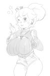 1girl big_breasts blush bracelet breasts bulumble-bee crown earrings huge_breasts necklace nintendo ponytail princess_peach ribbed_sweater short_hair shorts sketch smile star super_mario_bros. sweater tagme thick_thighs thighs wink