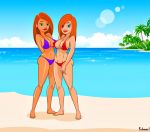 2_girls ann_possible ass beach bikini blue_bikini breasts female_only fnbman kim_possible kimberly_ann_possible looking_at_viewer ocean palm_tree red_bikini redhead sky