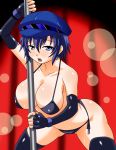 1girl atlus bikini blue_eyes blue_hair blush breasts cabbie_hat cleavage elbow_gloves gloves hat konno_tohiro large_breasts open_mouth panties persona persona_4 pole pole_dancing shiny shiny_skin shirogane_naoto short_hair side-tie_bikini side-tie_panties solo string_bikini stripper stripper_pole sweat swimsuit thighhighs underwear