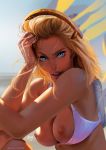  1girl areolae big_breasts bikini bikini_aside bikini_top blonde_hair blue_eyes breasts cleavage eva_solo evasolo exposed_breasts female_only highres mechanical_halo mercy_(overwatch) nipples open_mouth overwatch solo_female swimsuit upper_body white_bikini 