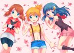 3_girls 3girls alluring bandanna bike_shorts blue_eyes blue_hair brown_hair creatures_(company) cubexcube_(artist) dawn_(pokemon) female_only flower game_freak green_eyes gym_leader haruka_(pokemon) hat hikari_(pokemon) humans_of_pokemon kasumi_(pokemon) long_hair may_(pokemon) midriff misty_(pokemon) multiple_girls nintendo orange_hair petals pokemon pokemon_(anime) pokemon_(game) pokemon_black_and_white pokemon_bw pokemon_diamond_pearl_&_platinum pokemon_dppt pokemon_frlg pokemon_red_green_blue_&_yellow pokemon_rgby porkyman short_hair shorts side_ponytail skirt smile suspenders voluptuous