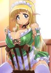  1girl big_breasts blonde_hair blue_eyes blush breasts chair cute elf female female_only hair long_hair looking_at_viewer maid pointed_ears solo tashiromotoi tiffania_westwood zero_no_tsukaima 