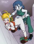  1futa 1girl 2016 2girls blonde_hair blue_hair bottomless buttjob cave_story clothed cum cum_on_ass cum_on_back curly_brace doggy_position female female_only from_behind futanari futanari_on_female futanari_with_female hotdogging irregular_fetishes misery misery_(cave_story) mostly_nude standing wall 