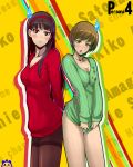  2girls :t alternate_costume amagi_yukiko atlus black_eyes black_hair blush breasts brown_eyes brown_hair chie_satonaka cleavage green_shirt hairband highres kuma_(persona_4) long_hair multiple_girls no_pants panties panties_under_pantyhose pantyhose persona persona_4 pout ribbed_sweater satonaka_chie shirt shirt_tug short_hair sweatdrop sweater taru_neko thighband_pantyhose underwear v-neck yukiko_amagi 