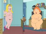 2_females 2_girls american_dad bbw blonde_hair breasts duo earring family_guy female female_only francine_smith hair hairless_pussy human human_only indoors living_room lois_griffin long_hair looking_at_viewer multiple_girls multiple_images nipples nude pussy pussy_hair standing