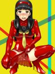 amagi_yukiko atlus big_breasts black_eyes black_hair boots breasts fan high_heel_boots high_heels latex long_hair no_panties persona persona_4 pussy ryuney school_uniform serafuku stockings thigh_high_boots weapon