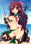  1girl beach big_breasts blush breasts cute hair kantai_collection kisaragi_(kantai_collection) long_hair looking_at_viewer maccha nipples ocean panties purple_eyes purple_hair underwear 