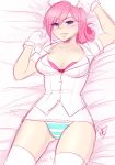 1girl bed blue_eyes bra breasts clothed eyebrows_visible_through_hair female female_only friendship_is_magic gloves humanized looking_at_viewer lying my_little_pony nurse nurse_cap nurse_redheart nurse_redheart_(mlp) nurse_uniform on_bed panties pink_hair short_sleeves solo stockings striped_panties uniform white_stockings