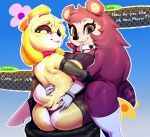 1girl althecae animal_crossing anthro ass canine clothing collar dialogue dog duo elbow_gloves fishnet furry gloves hedgehog high_res isabelle_(animal_crossing) knee_socks legwear lingerie mammal nintendo panties sable_able socks underwear video_games