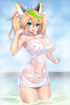 1girl asamura_hiori big_breasts blonde_hair blue_eyes blush breasts cute gene_(pso2) hair long_hair looking_at_viewer phantasy_star_online_2 smile towel twin_tails water