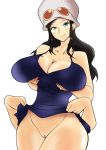 1girl anime big_breasts black_hair breasts dress long_hair multiple_limbs nico_robin no_panties one_piece presenting pussy render simple_background smile transparent_background upskirt wide_hips