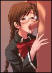 1boy 1girl braid brown_hair censored clala dark-skinned_male dark_penis e20 fellatio glasses hand_on_another's_head hand_on_head interracial long_hair oral penis quiz_magic_academy school_uniform serafuku solo_focus sucking