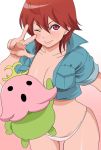  1girl breasts cleavage denim digimon digimon_data_squad digimon_savers fk696 fujieda_yoshino lalamon lowleg lowleg_panties no_bra one_eye_closed panties red_eyes red_hair smile underwear vest wink yoshino_fujieda 