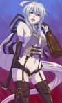 1girl alcohol areola areolae bad_id belly drunk garter_belt hair haku_yowane long_hair midriff navel open_fly red_eyes sake saliva solo strap straps thighhighs tro unzipped vocaloid voyakiloid whip yowane_haku