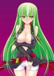 1girl areola_slip areolae blush breast_hold breasts c.c. cc cleavage code_geass detached_sleeves fujimaru_arikui green_hair large_breasts long_hair nipple_slip nipples open_clothes open_shirt shirt short_shorts shorts solo thigh_gap thighs yellow_eyes