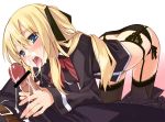  1girl ass bad_id bar_censor black_panties blonde_hair blue_eyes censored cum cum_in_mouth cum_string ejaculation facial fellatio garter_belt garter_straps hair_ribbon handjob hetero long_hair open_mouth oral panties penis quiz_magic_academy ribbon ribbons shalon side-tie_panties thighhighs tongue tongue_out two-handed_handjob underwear ushiki_yoshitaka wet 