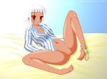  barefoot bed blouse blush dark_skin facial_mark mahou_sensei_negima mahou_sensei_negima! negima open_mouth pajamas panties panties_around_leg panties_around_one_leg pussy red_eyes short_hair spread_legs uncensored underwear white_hair zazie_rainyday 