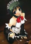  blush collar cum detached_sleeves green_hair highres kneeling leash maid quiz_magic_academy riel short_hair slave thighhighs vibrator 