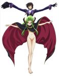 1boy 1girl barefoot black_hair blush bottomless c.c. cape cc clothed_male_nude_female code_geass gloves green_hair highres jpeg_artifacts legs lelouch_lamperouge long_hair looking_at_viewer naked_cape navel no_panties nude nude_filter open_mouth outstretched_arms photoshop purple_eyes pussy short_hair simple_background spread_arms standing thigh_gap thighs uncensored white_background yellow_eyes