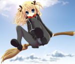  1girl blonde_hair blue_eyes broom broom_riding cloud clouds flying panties panties_under_pantyhose pantyhose pantyshot quiz_magic_academy ribbon ribbons shalon sky solo striped striped_panties underwear upskirt 