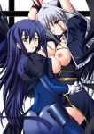  2girls black_wings breast_press breasts facial_mark ginga_nakajima gloves kuronezumi large_breasts long_hair lyrical_nanoha mahou_shoujo_lyrical_nanoha mahou_shoujo_lyrical_nanoha_a&#039;s mahou_shoujo_lyrical_nanoha_a's mahou_shoujo_lyrical_nanoha_strikers multiple_girls multiple_wings nipples open_clothes open_shirt purple_hair red_eyes reinforce shirt silver_hair symmetrical_docking thighhighs time_paradox torn_clothes wings yellow_eyes yuri 