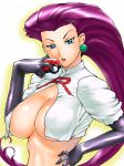  1girl big_breasts big_hair blue_eyes bosoms breasts cute earrings elbow_gloves game_freak gloves hair holding holding_poke_ball horny huge_breasts humans_of_pokemon jessie_(pokemon) jewelry large_breasts latex latex_gloves lipstick long_hair makeup musashi_(pokemon) nintendo nipples pink_hair poke_ball pokemon pokemon_(anime) pokemon_(game) purple_hair solo team_rocket ueyama_michirou underboob 