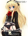  1girl black_legwear black_panties blonde_hair blue_eyes blush bow garter_belt hair_bow kannon_ouji lingerie long_hair no_pants panties quiz_magic_academy shalon_(quiz_magic_academy) sharon_(quiz_magic_academy) sidelocks solo thighhighs underwear 