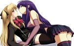 2girls ass blonde_hair blue_eyes blush elbow_gloves erect_nipples garter_belt gloves hair_ribbon hair_ribbons long_hair malariya multiple_girls purple_hair quiz_magic_academy rabisuke ribbon ribbons shalon thighhighs yuri