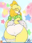  1girl 1girl 2016 animal_crossing anthro ass black_nose blush brown_eyes canine clothing dog eyelashes fur furry garter hair isabelle_(animal_crossing) looking_at_viewer looking_back mammal nekocrispy nintendo one_eye_closed open_mouth panties patreon seductive shih_tzu smile thick_thighs underwear video_games wide_hips wink yellow_fur 