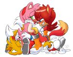 1boy 2girls amy_rose anthro ass blue_eyes blush canine cum excessive_cum facesitting fiona_fox fox furry green_eyes hedgehog male male/female mammal miles_"tails"_prower multi_tail pussylicking sega skinbark threesome