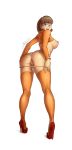 1girl ass big_breasts blue_eyes breasts brown_hair dat_ass glasses hair looking_at_viewer looking_back nipples panties pussy scooby-doo shonomi short_hair smile stockings velma_dinkley