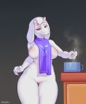  1girl 2010s 2016 anthro anthro_only breasts caprine chelodoy cloth cooking cooking_pot female female_only fur furry furry_only goat inverted_nipples looking_at_viewer mammal milf nipples nude patreon pussy red_eyes solo solo_female standing steam thick_thighs toriel undertale undertale_(series) video_game_character video_games white_fur 