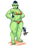 1girl black_hair breasts cleavage feet green_skin monster monter muscle orange_eyes orc orc_female pointy_ears ponytail shiny shiny_skin smile