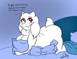  1girl 1girl 2016 anthro ass ass_up bed bedding benji-fox blanket blush boss_monster breasts caprine cute dialogue fur furry goat horn long_ears looking_up lying mammal mature_female milf modest nude parent pillow red_eyes short_tail simple_background slightly_chubby toriel undertale video_games white_fur 