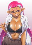 1girl black_bra blush bra breasts brown_skirt collarbone dark_skin domino_mask fangs inkling large_breasts looking_at_viewer mask navel open_clothes open_mouth open_shirt pink_hair pleated_skirt pointy_ears purple_eyes shiny shiny_hair shiny_skin shirt short_eyebrows skirt smile solo splatoon taka-michi teeth tentacle_hair underwear