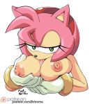 1girl 1girl 2016 amy_rose anthro black_nose breasts clothing coolblue english_text furry gloves green_eyes hair headband hedgehog licking mammal nipples nude pink_hair saliva sega short_hair signature text tongue tongue_out