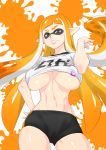 1girl belly bike_shorts breasts cameltoe clothes_writing female hair highres inkling large_breasts long_hair mask midriff navel older orange_eyes orange_hair pointy_ears simple_background smile solo splatoon taka-michi tentacle_hair underboob