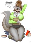 1girl anthro big_breasts blush book breasts brown_hair canine chloe_shiwulf cleavage clothed clothing flip_flops footwear fur furry grey_fur hair hand_behind_head kneel mammal midriff navel original ponytail shirt skirt smile teeth toes wolf zp92