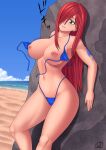 1girl accidental_exposure beach big_breasts bikini breasts erza_scarlet fairy_tail female_only front-tie_bikini rocky-ace solo_female topless topless_female wardrobe_malfunction