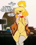 1girl 2016 absurd_res animal_crossing anthro areola avante92 belly blonde_hair blush bottomless breasts brown_eyes canine clothed clothing collar cup dialogue dog english_text eyewear furry glasses hair heart highres isabelle_(animal_crossing) leash legwear looking_at_viewer mammal midriff navel nintendo nipples open_mouth pussy pussy_juice shih_tzu short_hair text video_games