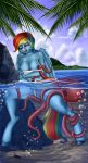 1girl 2016 anthro anthrofied blue_feathers blue_skin blush breasts cephalopod closed_eyes clothing cloud equine feathered_wings feathers friendship_is_magic furry hair landscape mammal marine multicolored_hair my_little_pony octopus outside panties pegasus pussy rainbow_dash rock saddnesspony sky spread_legs spreading tree underwear water wings