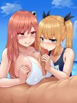 2girls big_breasts bikini blonde_hair blue_eyes breasts cute dead_or_alive fellatio hair honoka long_hair looking_at_viewer marie_rose multiple_girls ocean oral paizuri penis pink_hair raseruta red_eyes smile swimsuit twin_tails