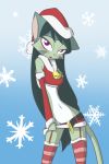  1girl anthro barbadosslim blush cat christmas clothing cosplay dreamkeepers feline fur furry garter_belt garter_straps green_fur green_hair hair hat holidays legwear lilith_calah looking_at_viewer mammal midriff navel pom_hat purple_eyes santa_costume santa_hat skinny stockings undressing 