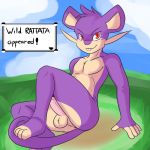 1girl 2016 anthro anthrofied anus ass blush brown_fur buckteeth cloud crackers english_text erection fur furry grass looking_at_viewer male multicolored_fur nintendo nude outside penis perineum pink_penis pokemon purple_fur rattata reclining red_eyes sky tan_fur teeth testicles text two_tone_fur video_games