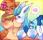 1girl anthro black_nose blush breast_suck breasts canine collar duo eeveelution female/female furry glaceon heart leash navel nintendo pokemon raikissu scarf simple_background sucking video_games vulpix