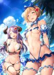  2girls ajishio beach big_breasts bikini blonde_hair blush breasts brown_eyes closed_eyes cute demon_girl djeeta_(granblue_fantasy) granblue_fantasy hair horns long_hair looking_at_viewer multiple_girls narumeia_(granblue_fantasy) ocean pointed_ears purple_hair short_hair smile 