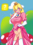 big_breasts blonde_hair blush breasts crown cum dickgirl dress dress_lift earrings erection female futa_solo futanari intersex long_hair penis precum presenting princess_peach solo super_mario_bros. testicles thighhighs veristhiel