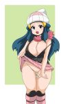  1girl big_breasts blue_eyes blue_hair blush boots breasts cute dawn hair koutarosu long_hair looking_at_viewer nipples panties pokemon pussy smile underwear undressing 