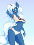 1girl anthro big_breasts blue_eyes breasts clothed clothing english_text equine fan_character fingers furry hair hand_behind_head high_res horn mammal midriff my_little_pony navel open_mouth simple_background skecchiart teeth text thick_thighs tongue underboob unicorn white_background white_hair wide_hips